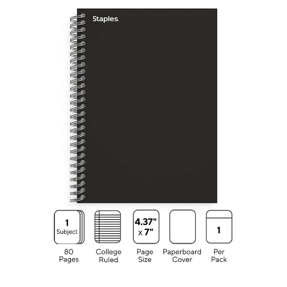 Staples Premium 1-Subject Notebook, 4.38" x 7", College Ruled, 80 Sheets, Black (TR58347M)