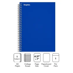 Staples Premium 1-Subject Notebook, 4.38" x 7", College Ruled, 80 Sheets, Blue (ST58348)