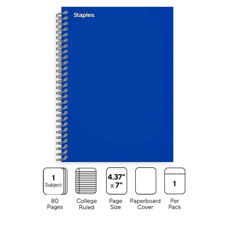 Staples Premium 1-Subject Notebook, 4.38" x 7", College Ruled, 80 Sheets, Blue (ST58348)