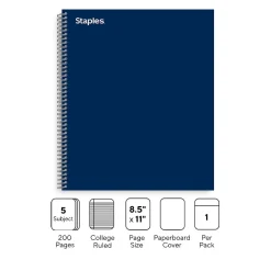 Staples Premium 5-Subject Notebook, 8.5" x 11", College Ruled, 200 Sheets, Blue (TR58364)