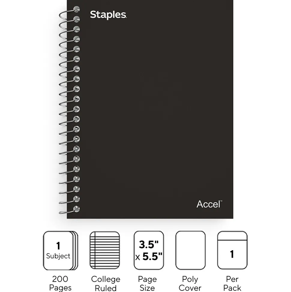 Staples Premium 1-Subject Notebook, 3.5" x 5.5", College Ruled, 200 Sheets, Black (TR58288)