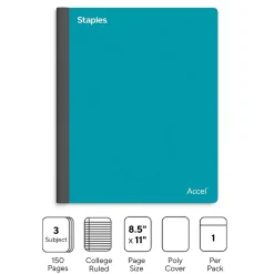 Staples Premium 3-Subject Notebook, 8.5" x 11", College Ruled, 150 Sheets, Blue (ST58333C)