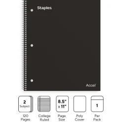 Staples Premium 2-Subject Notebook, 8.5" x 11", College Ruled, 120 Sheets, Black (TR58310)