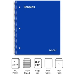Staples Premium 1-Subject Notebook, 8" x 11", Graph Ruled, 100 Sheets, Blue (ST58323)