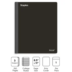 Staples Premium 3-Subject Notebook, 8.5" x 11", College Ruled, 150 Sheets, Black (ST58329)