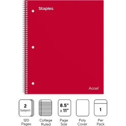 Staples Premium 2-Subject Notebook, 8.5" x 11", College Ruled, 120 Sheets, Red (TR58312)