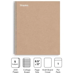 Staples Premium 5-Subject Notebook, 8.5" x 11", College Ruled, 200 Sheets, Brown (TR52122)