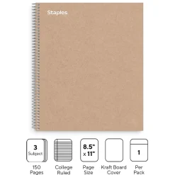Staples Premium 3-Subject Notebook, 8.5" x 11", College Ruled, 150 Sheets, Brown (TR52123)