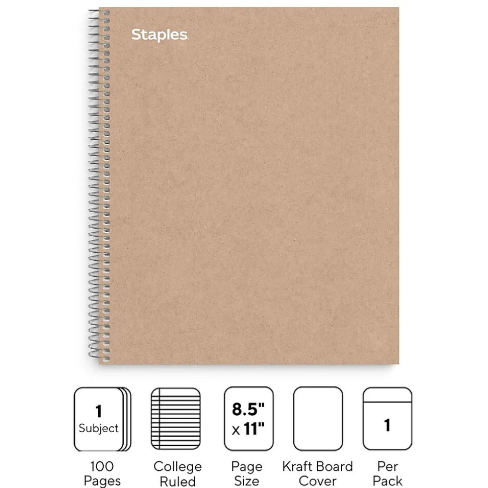 Staples Premium 1-Subject Notebook, 8.5" x 11", College Ruled, 100 Sheets, Brown (TR52121)