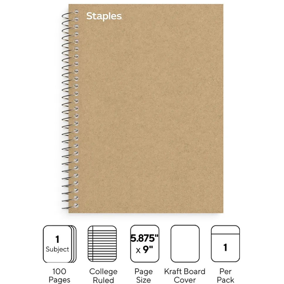 Staples Premium 1-Subject Notebook, 5.875" x 9", College Ruled, 100 Sheets, Brown (ST52120N)