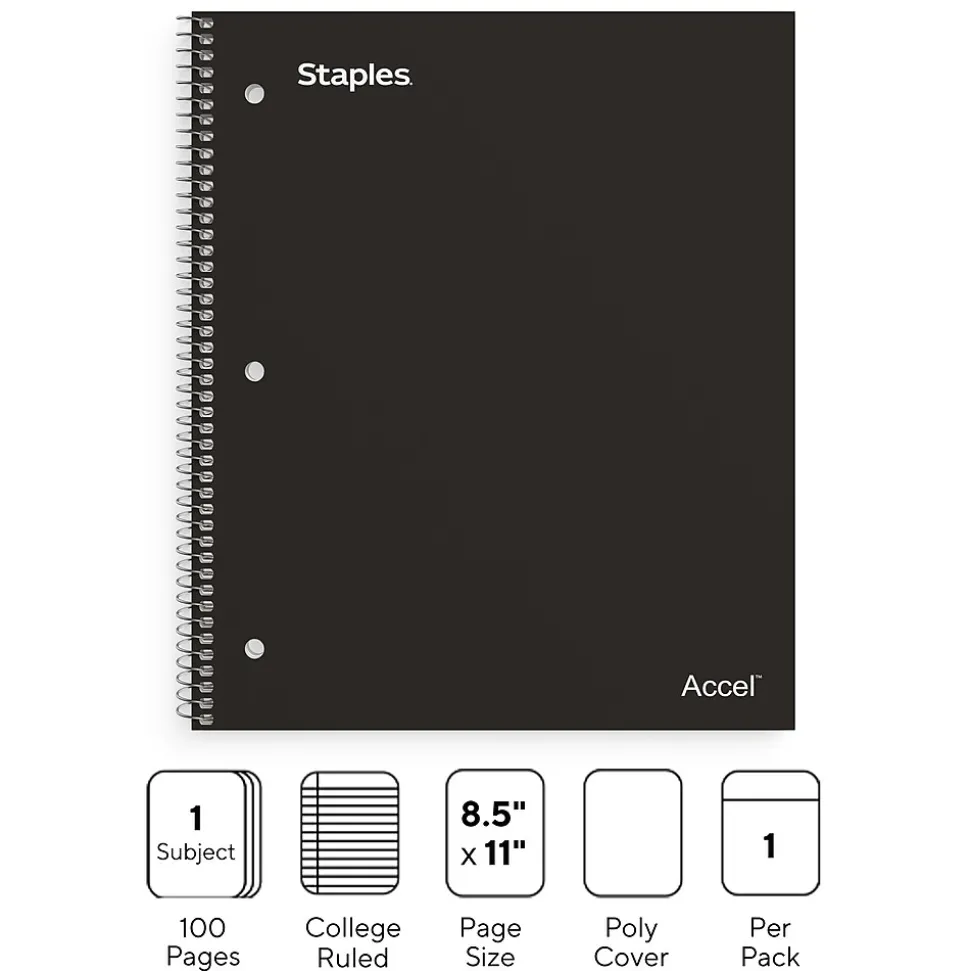 Staples Premium 1-Subject Notebook, 8.5" x 11", College Ruled, 100 Sheets, Black (ST20950D)