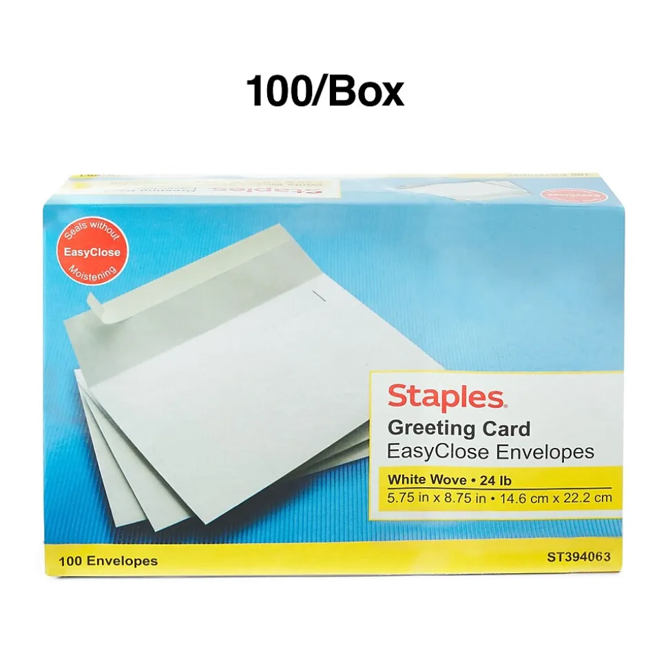 Staples QuickStrip EasyClose Self Seal Invitation Envelopes, White Wove, 100/Box (ST394063/394063)