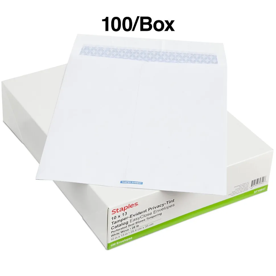 Staples QuickStrip EasyClose Self Seal Security Tinted Catalog Envelopes, 10" x 13", White, 100/Box (ST19957/19957)