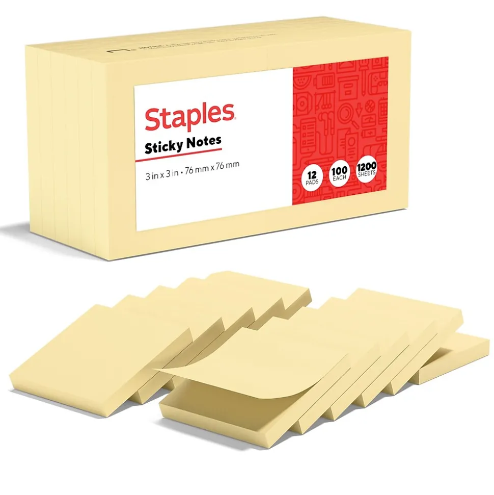 Staples Recycled Notes, 3" x 3", Sunshine Collection, 100 Sheet/Pad, 12 Pads/Pack (S33YR12/52564)
