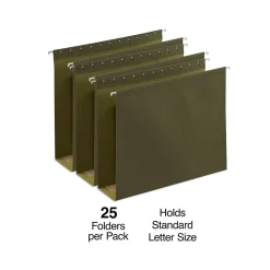 Staples Reinforced Box-Bottom Hanging File Folders, 3" Expansion, 1/5-Cut Tab, Letter Size, Standard Green, 25/Box