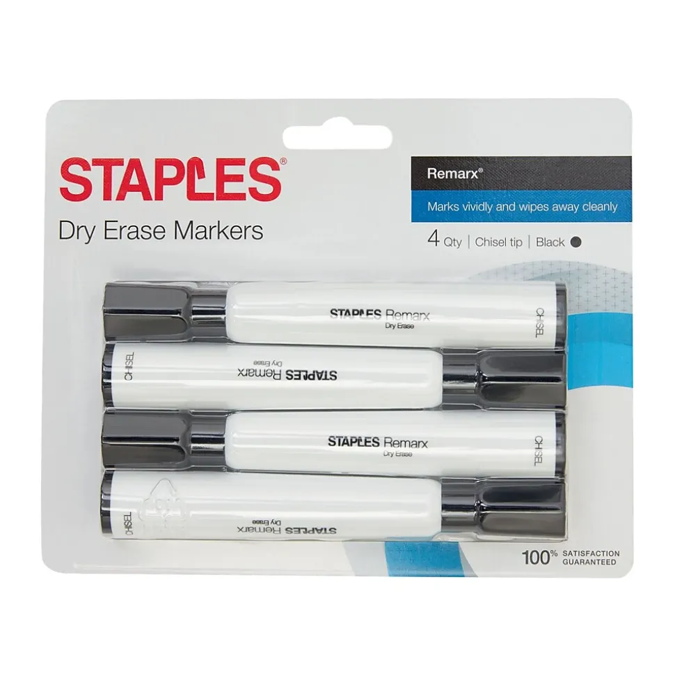 Staples Remarx Dry Erase Markers, Chisel Point, Black, 4/Pack (29210)