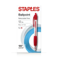 Staples Retractable Ballpoint Pens, Fine Point, Red Ink, Dozen (50787)