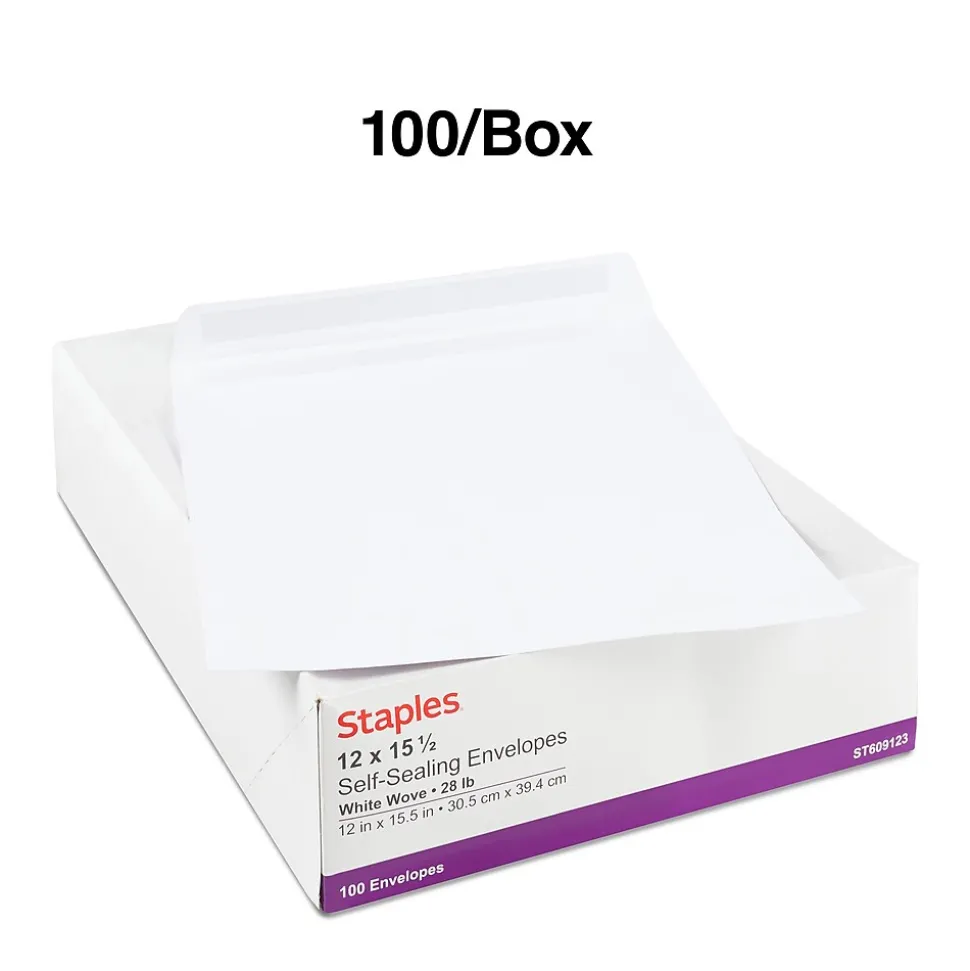 Staples Self Seal Catalog Envelopes, 12" x 15.5", White, 100/Box (609123/73142)