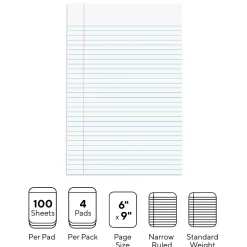Staples® Steno Pads, 6'' x 9'', Narrow Ruled, 100 Sheets/Pad, 4 Pads/Pack (28046)