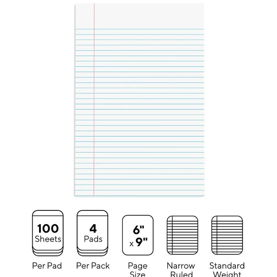 Staples® Steno Pads, 6'' x 9'', Narrow Ruled, 100 Sheets/Pad, 4 Pads/Pack (28046)