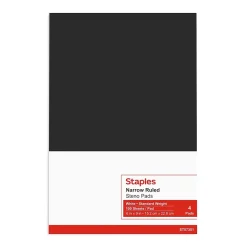 Staples® Steno Pads, 6'' x 9'', Narrow Ruled, 100 Sheets/Pad, 4 Pads/Pack (28046)