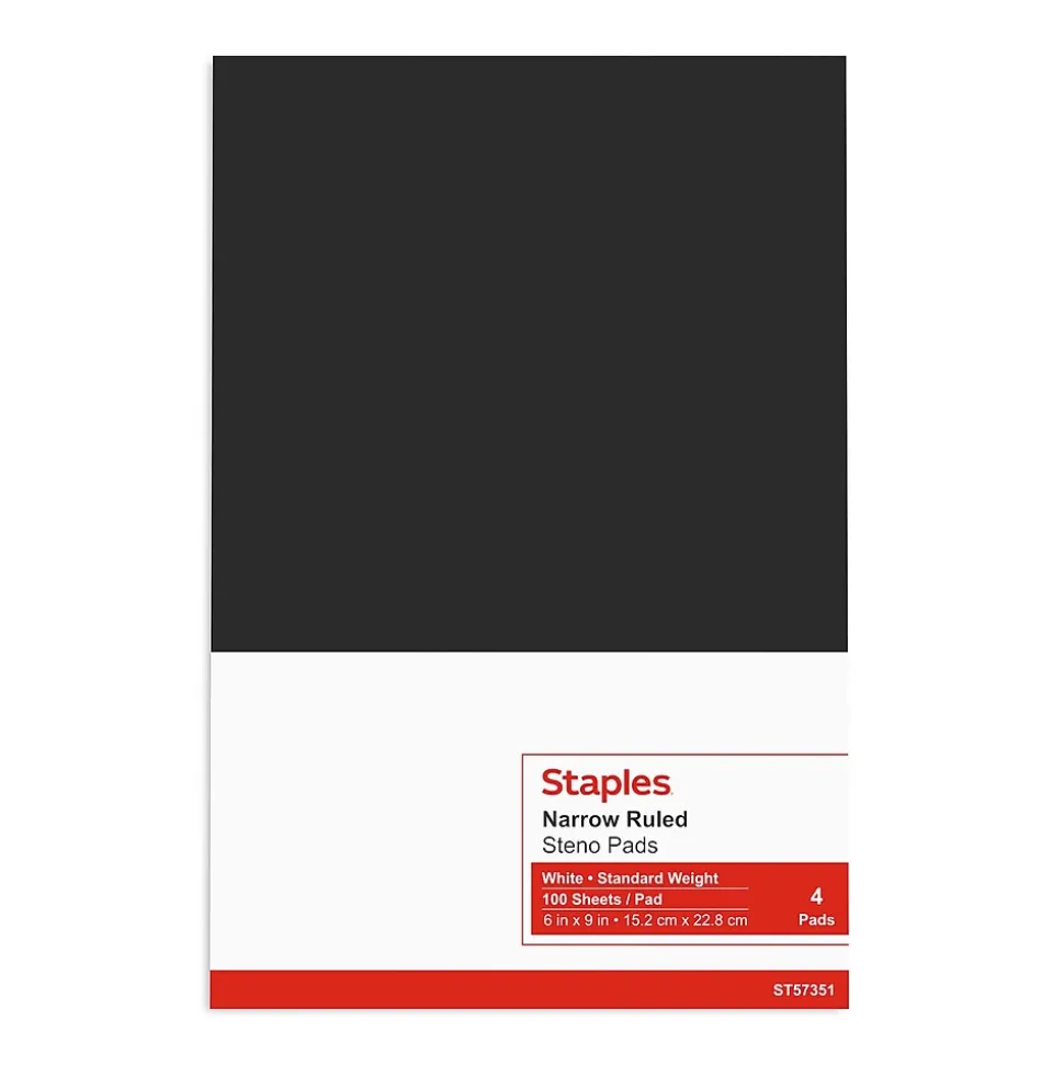 Staples® Steno Pads, 6'' x 9'', Narrow Ruled, 100 Sheets/Pad, 4 Pads/Pack (28046)