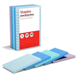 Staples Stickies Standard Notes, 4" x 6" Assorted, 100 Sheets/Pad, 5 Pads/Pack (S-46WC5/52573)