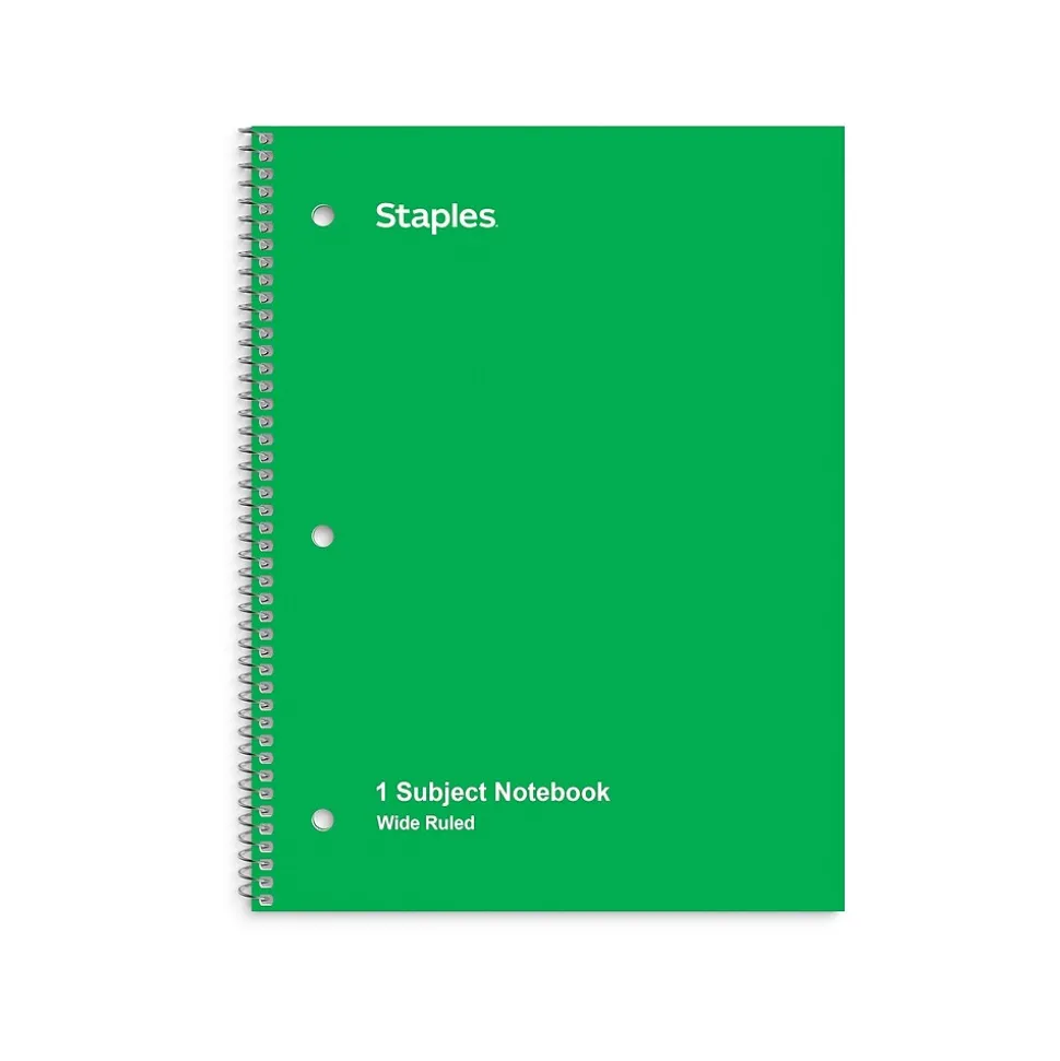 Staples 1-Subject Notebook, 8" x 10.5", Wide Ruled, 70 Sheets, Green (TR24006)