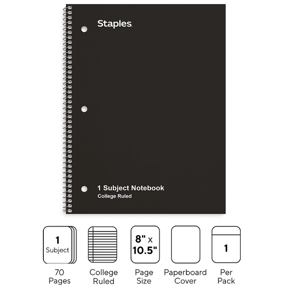 Staples 1-Subject Notebook, 8" x 10.5", College Ruled, 70 Sheets, Black (TR27499)