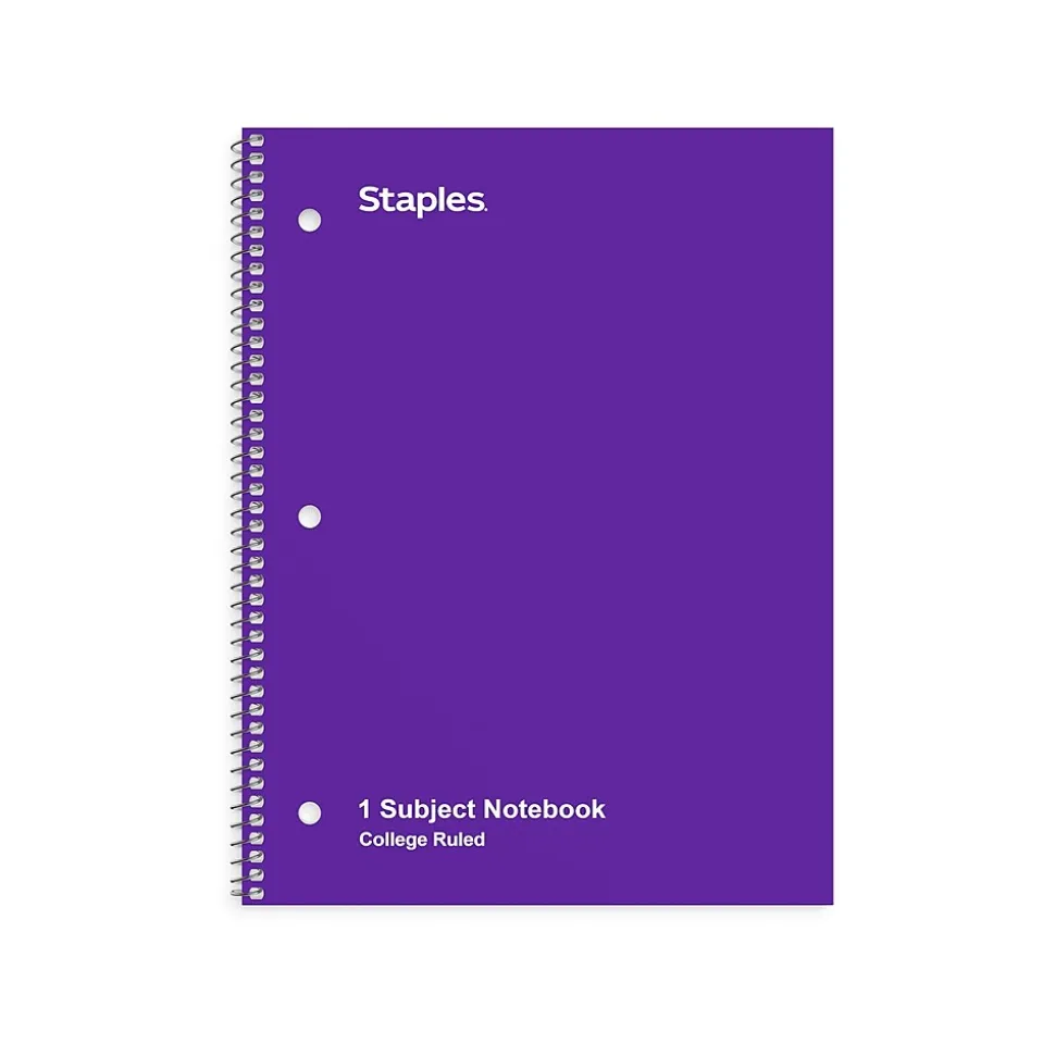 Staples 1-Subject Notebook, 8" x 10.5", College Ruled, 70 Sheets, Purple (TR27501)