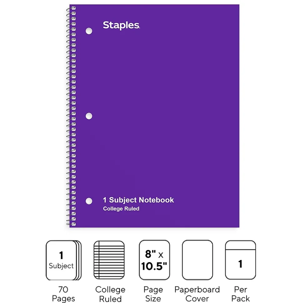Staples 1-Subject Notebook, 8" x 10.5", College Ruled, 70 Sheets, Purple (TR27501)