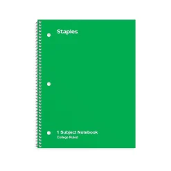 Staples 1-Subject Notebook, 8" x 10.5", College Ruled, 70 Sheets, Green (TR27502)