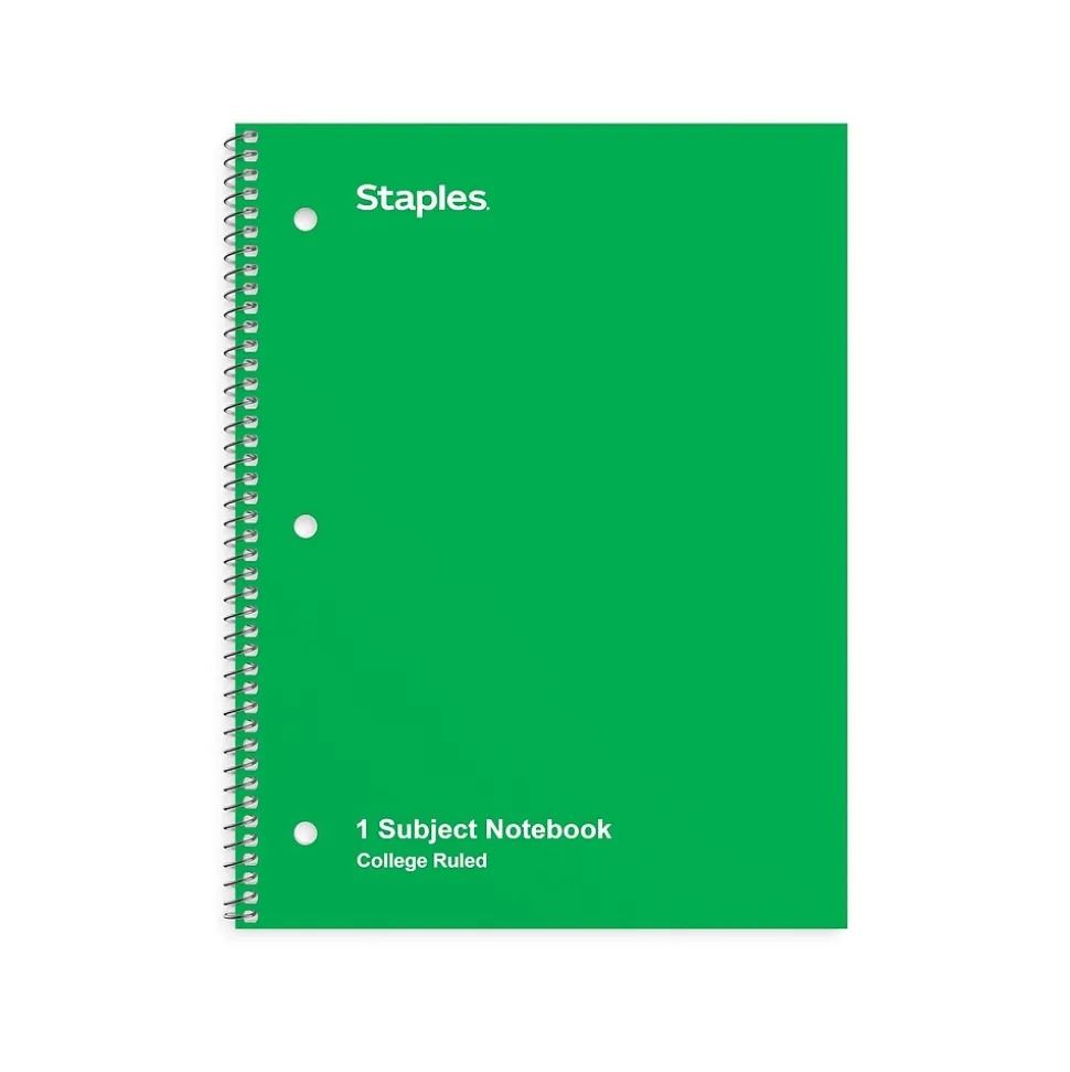 Staples 1-Subject Notebook, 8" x 10.5", College Ruled, 70 Sheets, Green (TR27502)