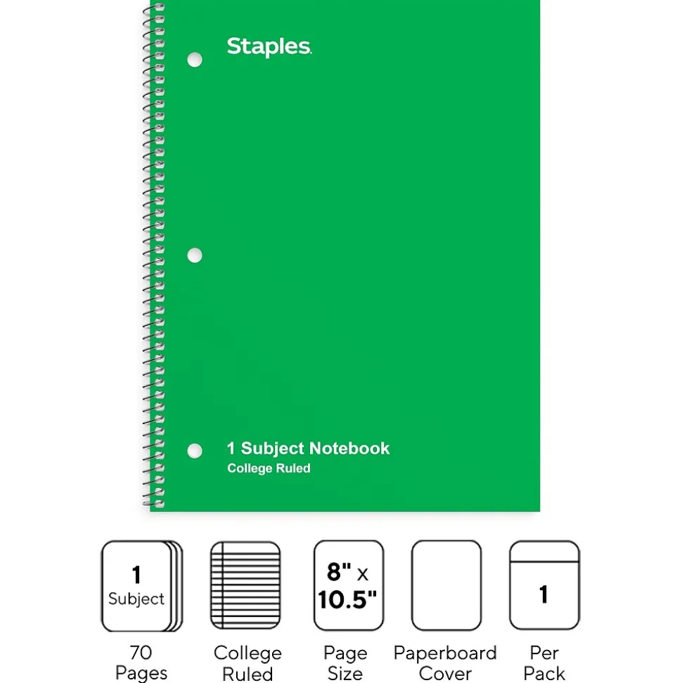 Staples 1-Subject Notebook, 8" x 10.5", College Ruled, 70 Sheets, Green (TR27502)