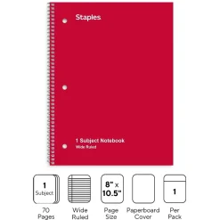 Staples 1-Subject Notebook, 8" x 10.5", Wide Ruled, 70 Sheets, Assorted Colors, 48 Notebooks/Carton (27497CT)