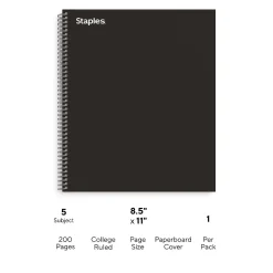 Staples 5-Subject Notebook, 8.5" x 11", College Ruled, 200 Sheets, Black (TR58363)