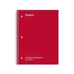 Staples 3-Subject Notebook, 8" x 10.5", Wide Ruled, 120 Sheets, Assorted Colors, 3/Pack (TR11669)