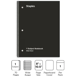 Staples 1-Subject Notebooks, 8" x 10.5", Wide Ruled, 70 Sheets, Black (ST24001C)