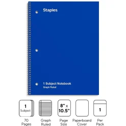 Staples 1-Subject Notebooks, 8" x 10.5", Graph Ruled, 70 Sheets, Blue (ST23985C)