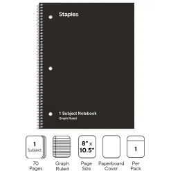 Staples 1-Subject Notebooks, 8" x 10.5", Graph Ruled, 70 Sheets, Black (ST23986C)