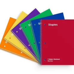 Staples 1-Subject Notebooks, 8" x 10.5", Wide Ruled, 70 Sheets, Assorted Colors, 6/Pack (ST11667C)