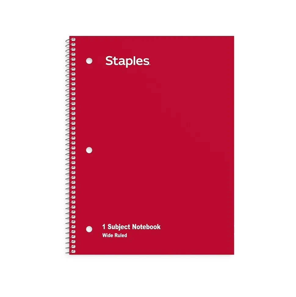 Staples 1-Subject Notebooks, 8" x 10.5", Wide Ruled, 70 Sheets, Assorted Colors, 72/Pack (TR11667CT)