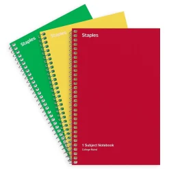 Staples 1-Subject Notebooks, 5" x 7.75", College Ruled, 80 Sheets, Assorted Colors, 3/Pack (ST11670C)