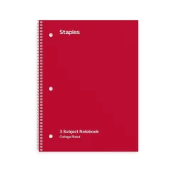 Staples® 3-Subject Subject Notebooks, 8.5" x 11", College Ruled, 150 Sheets, Assorted (27524M)