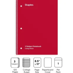 Staples® 3-Subject Subject Notebooks, 8.5" x 11", College Ruled, 150 Sheets, Assorted (27524M)
