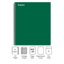 Staples® 1-Subject Subject Notebooks, 8.5" x 11", College Ruled, 100 Sheets, Green (TR58358M-CC)