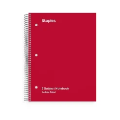 Staples® 5-Subject Subject Notebooks, 8.5" x 11", College Ruled, 200 Sheets, Assorted (10467M-CC)