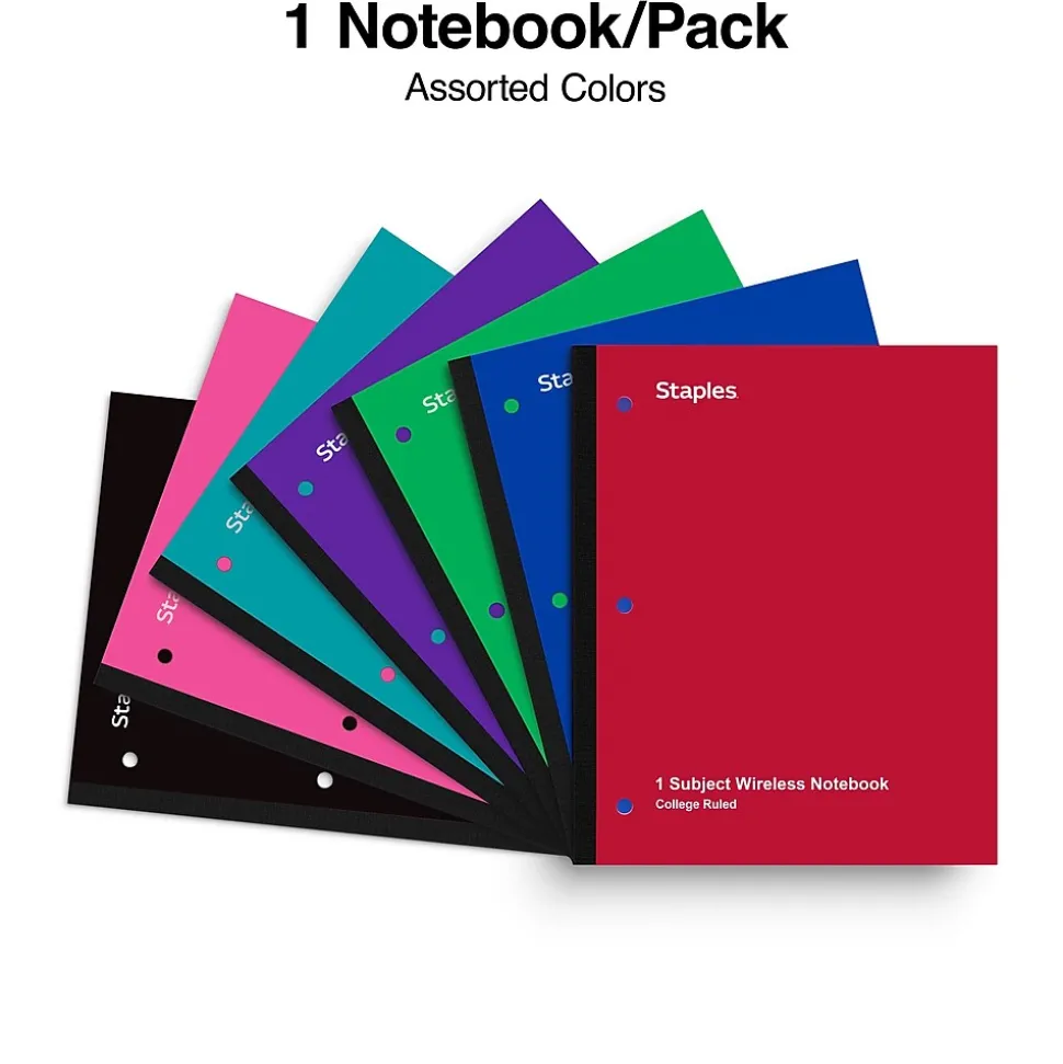 Staples® 1-Subject Subject Notebooks, 8.5" x 11", College Ruled, 100 Sheets, Assorted (27628/54896)