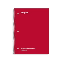 StaplesĀ® 5-Subject Subject Notebooks, 8" x 10.5", Wide Ruled, 200 Sheets, Assorted Colors (52694M)