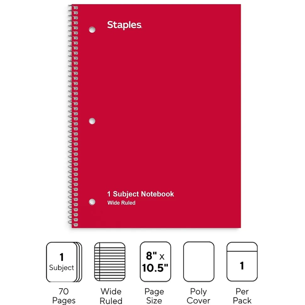 Staples® 1-Subject Subject Notebooks, 8" x 10.5", Wide Ruled, 75 Sheets, Assorted Colors (54895B/27615)